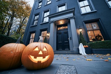 Two pumpkins with a smiley face on them are on the ground in front of a large bl