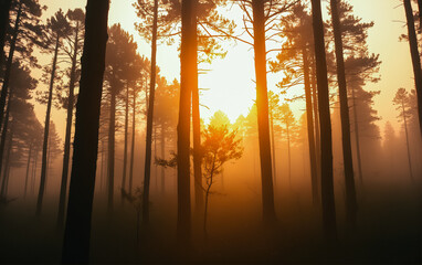 Sunset in the forest on the mountainside: sun rays break through the tree trunks during sunset.