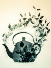 Poster - A teapot silhouette smoothly transforms into delicate tea leaves, beautifully blending elements of nature and drink in an artistic manner. Generative AI