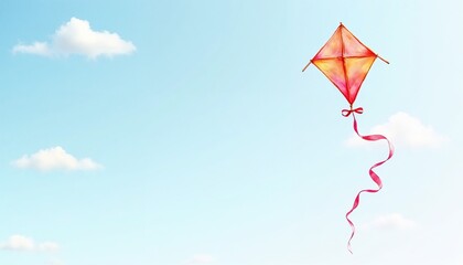 Colorful kite flying in a clear blue sky with fluffy white clouds, perfect for springtime activities