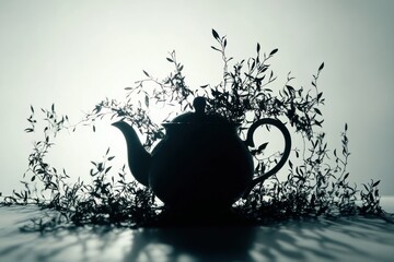 Poster - The artwork features a teapot's silhouette seamlessly blending into intricate tea leaves, creating an enchanting abstract visual. Generative AI