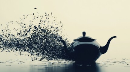 Poster - The silhouette of a teapot gracefully transitions into tea leaves, illustrating an artistic fusion of form and nature in tranquility. Generative AI