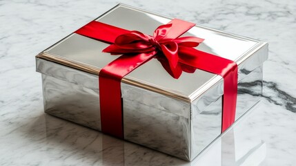 silver gift box with red ribbon against white background