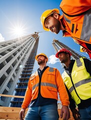 Happy diverse group of construction workers at building site, city landscape skyscrapers background. Confident mechanical engineering or architect team working together, modern 3d digital art banner (