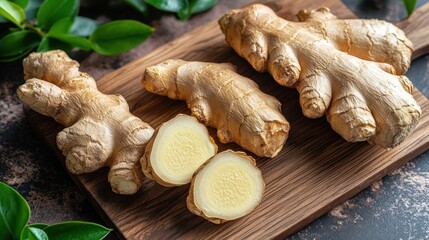 Fresh ginger roots on a wooden cutting board, sliced.