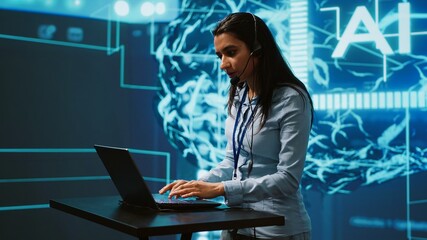 Poster - Speaker talking in online webinar, exploring ways AI can positively enhance companies workforce. Presenter promoting artificial intelligence solutions during internet presentation, camera A