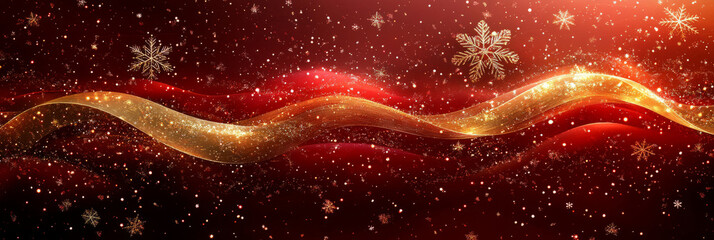 Wall Mural - Festive holiday banner with shimmering gold wave and snowflakes on red background for seasonal celebrations