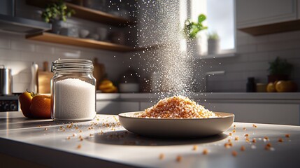 Wall Mural - Granules of sugar cascading onto a plate in a kitchen.