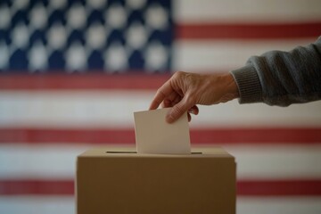 A hand placing a ballot into a box in front of the American flag during an election, highlighting the importance of civic engagement