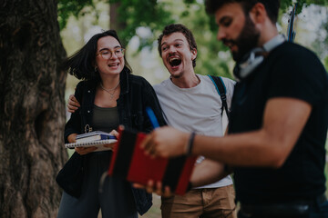 Poster - A diverse group of students working creatively on school assignments outdoors, sharing ideas and laughter in a relaxed park setting.