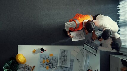 Poster - time lapse of project manager shaking hand with civil engineer at meeting table with blueprint safet