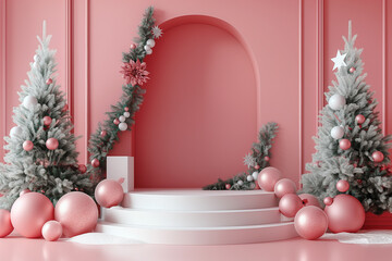 A pink room with a white staircase and two trees