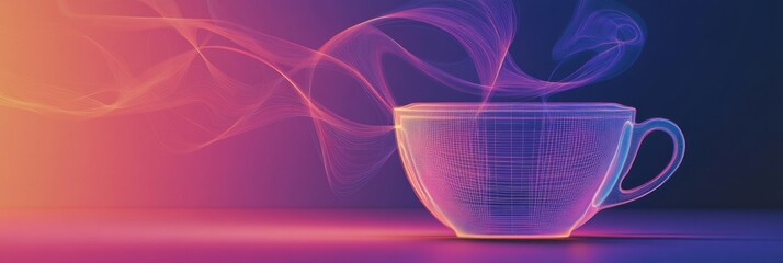 Canvas Print - A minimalist design showcases a tea cup with delicate steam swirling above, set against a colorful backdrop. Generative AI