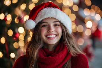 Happy young woman wearing a festive Santa hat, smiling joyfully amidst a beautifully decorated holiday backdrop during the winter season