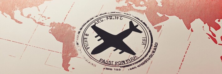  A passport stamp silhouette sits prominently over a subtle world map, symbolizing the excitement of global exploration and travel. Generative AI
