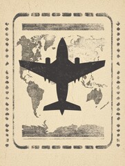Aufkleber - A silhouette of a passport stamp features an airplane against a soft world map background, symbolizing global travel adventures. Generative AI