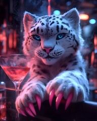 A snow leopard drinks a cocktail at the bar