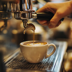 Professional barista pouring a latte in a trendy coffee shop