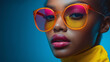 © Prompt World - Bold woman in orange glasses and pink makeup with blue background in striking portrait.