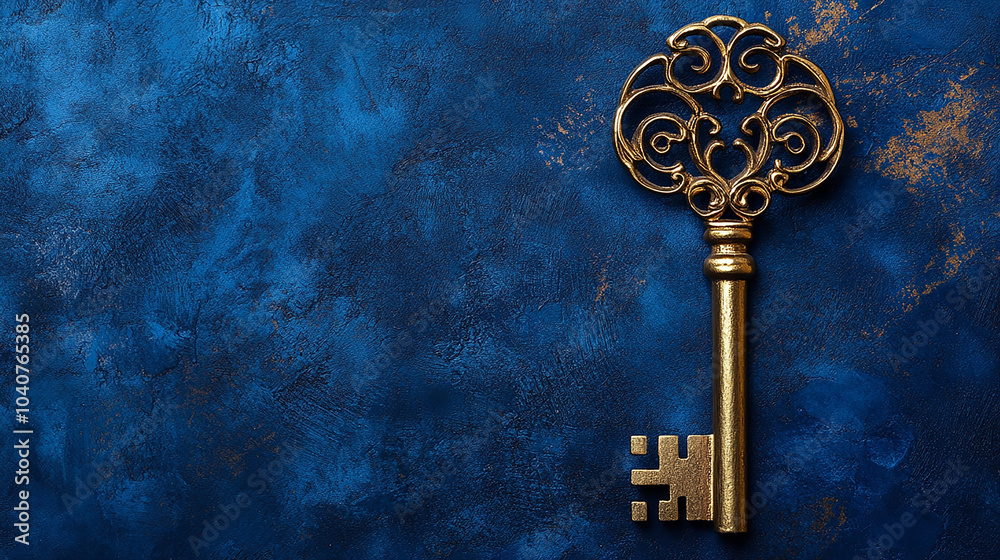 Antique Gold Key on Royal Blue Background Stock Photo | Adobe Stock