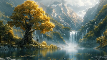 Genesis in Eden: Serene Forest Landscape with Majestic Tree, Waterfalls, and River