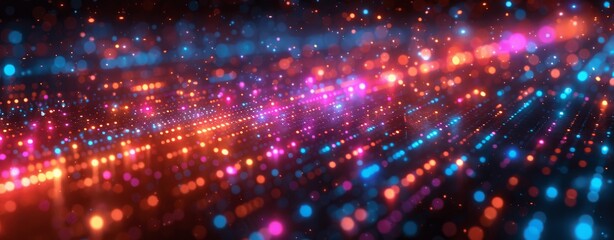 Poster - Glowing Neon Lines and Data Flow Background with Pink Blue and Violet Lights