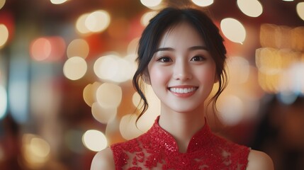 Photo of a smiling young Asian woman in red dress, on blurred party background