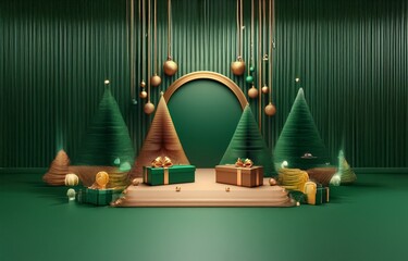 Abstract Christmas scene with gold and green decorations. Presents and stylized trees are displayed on a platform in front of a green curtain.