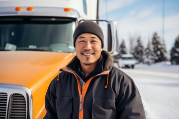 Portrait of a middle aged male truck driver in front of truck during winter