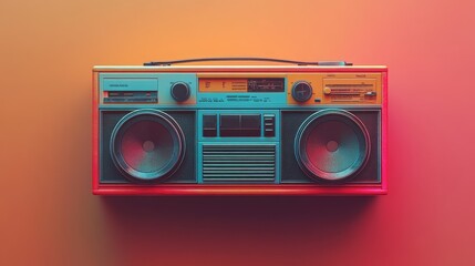 Overhead view of a boombox in dynamic vibrant colors, placed against a soft blurred gradient background, modern retro style concept