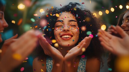 Young women blowing confetti from hands. Friends celebrating outdoors in evening at a terrace. 