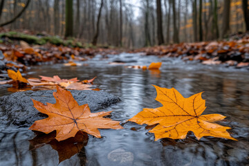 Wall Mural - A leaf is floating in a stream of water