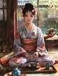© D.Myts - A young woman in a colorful kimono enjoys tea in a serene Japanese garden setting. Generative AI