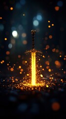 A glowing sword emanating sparks in a mystical setting.