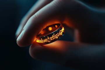 Poster - Close-up of a glowing ring held in a hand, dark background.