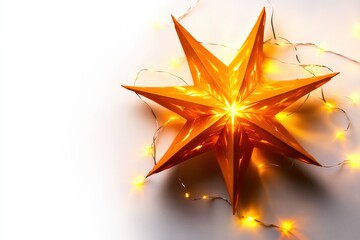 Wall Mural - Decorative orange star with glowing lights on a white isolated background.