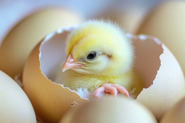 A yellow chick emerges from its egg surrounded by unhatched eggs in a cozy nest, showcasing new life on a sunny day