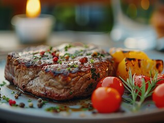 Grilled steak with tomatoes and peppers served on a plate in outdoor setting. Generative AI