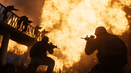 A squad of soldiers storming a fortified position, grenade explosions illuminating the night.


