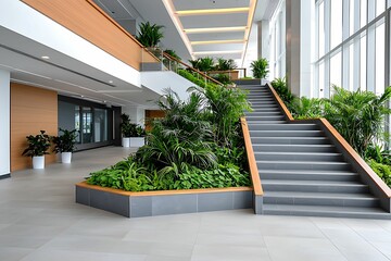 Wall Mural - modern indoor space with lush greenery and elegant staircase highlighting architectural design eleme