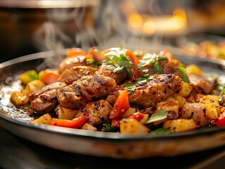 Sizzling grilled chicken and fresh veggies on a hot plate at a lively restaurant