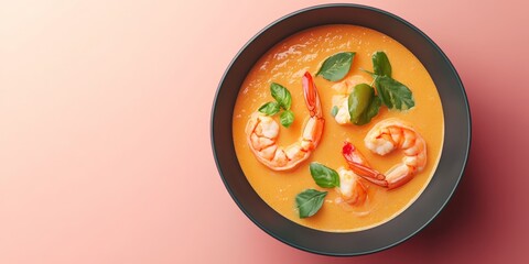 A sleek 3D icon of a bowl of coconut soup, with shrimp and fresh herbs, isolated on a bright backdrop