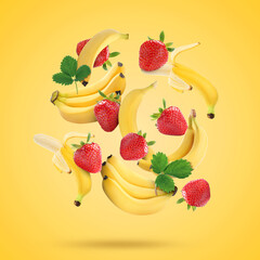 Poster - Fresh bananas and strawberries falling on golden background