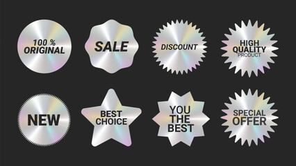 Holographic stickers logos emblem labels color set. Discount best choice sale. For packaging product of promotional material. Sticker for clothes or accessories. Vector illustration.