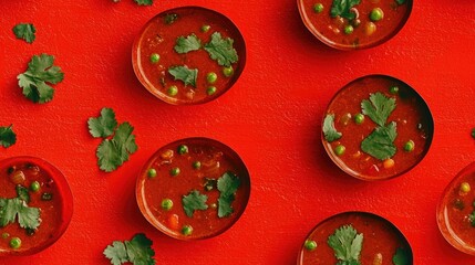 Top view of a pattern of small bowls filled with lentil soup and garnished with cilantro on a red background.