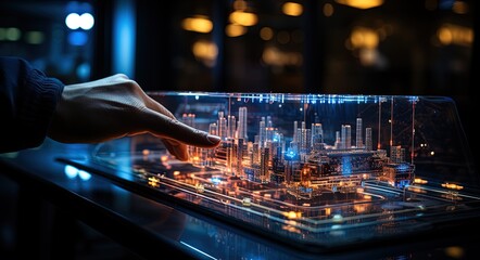 Engineer working on the visual design of a city with holograms and programs.