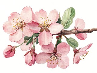 Wall Mural - a watercolor painting of a delicate pink cherry blossom branch with five open blossoms and several b