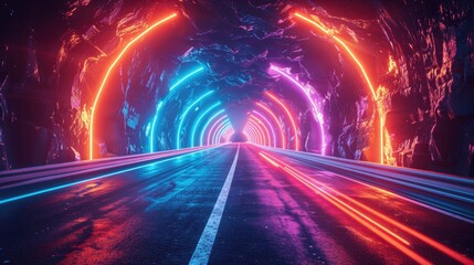 3d rendering abstract neon background with glowing lines in red blue pink and purple colors on black futuristic highway city night view