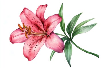 Wall Mural - a delicate pink lily flower with green leaves, painted in watercolor, isolated on a white background