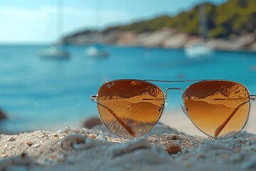 Silver Frame Sunglasses on Beach Sand with Sea View and Blue Sky